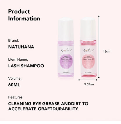 Natuhana 60ml Eyelash Extension Shampoo Mousse – Lash Cleaning Foam for False Eyelashes, Gentle & Non-Irritating Makeup Tool