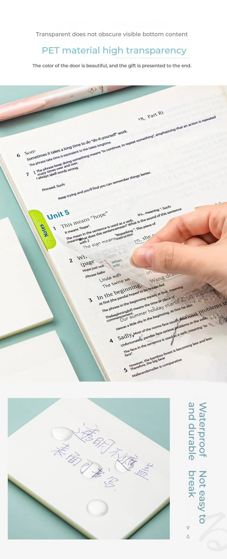 50 Ark Gennemsigtige Klæbende Noter Vandtæt Besked & Signatur Klistermærker til Notebooks