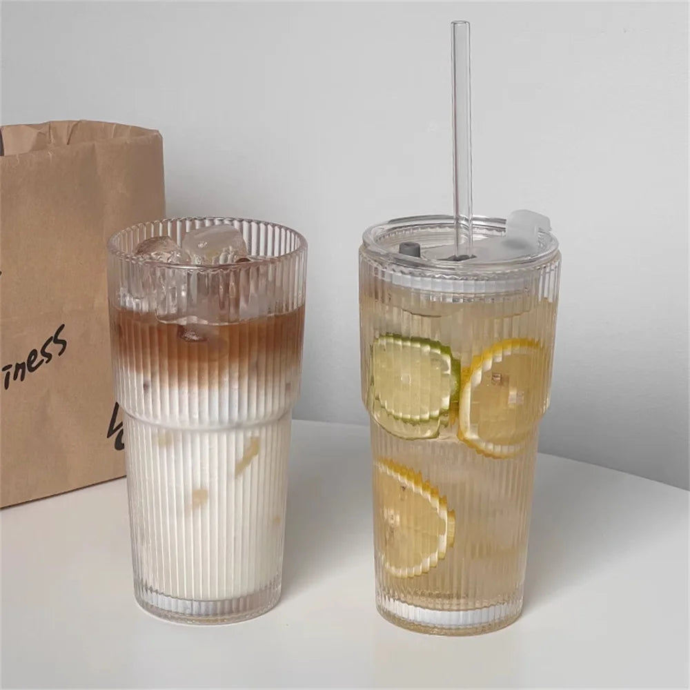 1/2 stk 600 ml Stripe Glas Cup med Lid og Straw ! Transparent Juice, vand, og Iced Coffee Drikkeglas