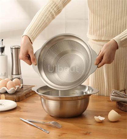 304 Stainless Steel Vegetable Washing Basin & Strainer – Multi-Purpose Rice Washer, Fruit Filter, Kitchen Drain Basket