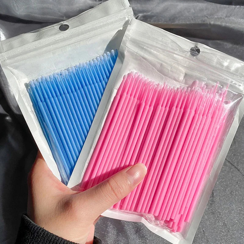 100PCS Eyelash Rengøring Børster Micro Cotton Swabs til Lash udvidelser & Makeup Removal